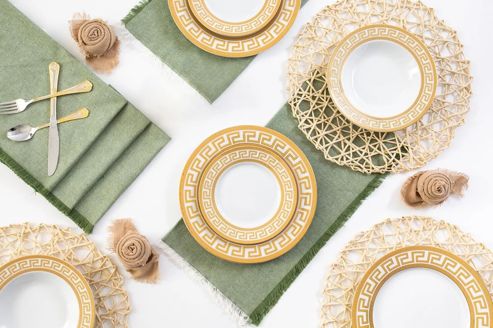 Juego de vajilla servicio para 4 - Vajilla de diseño inspirada en llave griega blanca/dorada Foto 3 de 4