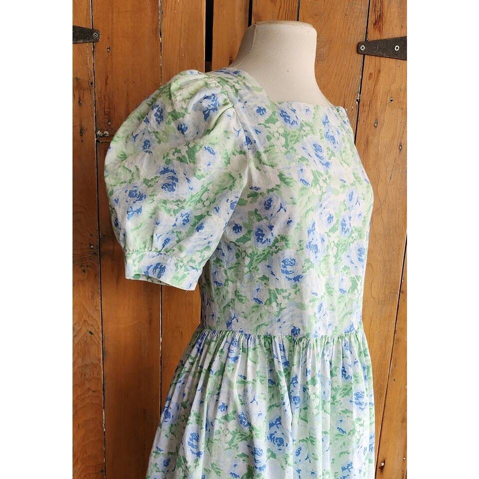 Vintage 80s Laura Ashley Floral Print Dress Blue Green White Cotton eBay