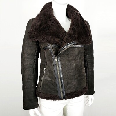 ISACO KAWA Wax Suede Shearling Double Biker Jacket Bomber Leather Trim Coat XS-S