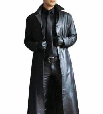 Men's Leather Long Trench Coat Real Genuine Lambskin Leather Full