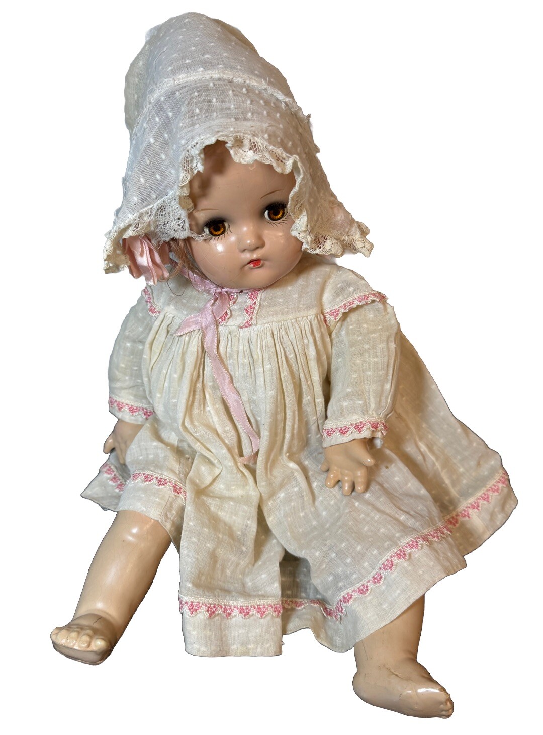 Vintage Closing Eye Baby Doll 17&rdquo; Brown Eyes White Dress &