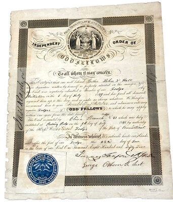 1849 visiting I.O.O.F. odd fellows JOHN HALL certificate OLIVE BRANCH LODGE #31