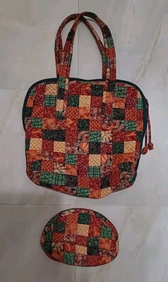 Handmade Cotton Patchwork Quilted Purse with Small Cosmetic Bag Pumpkin/Fall 