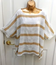 Meo Meli Linen Top One Size Italy Boxy Lagenlook White w/ Beige Gold Stripe