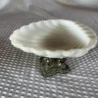 Vintage Milk Glass Shell Trinket Soap Dish Ornate Silver Tone Footed Pedestal