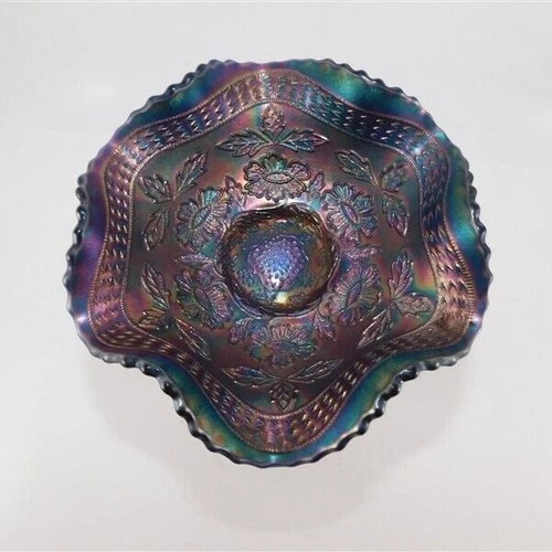 1212/2588 Antique Fenton Two Flowers Cobalt Blue Carnival Glass Ruffle Edged 6"