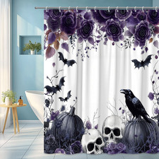 Halloween Shower Curtain Gothic Skull Bat Raven Pumpkin Floral Bathroom Decor