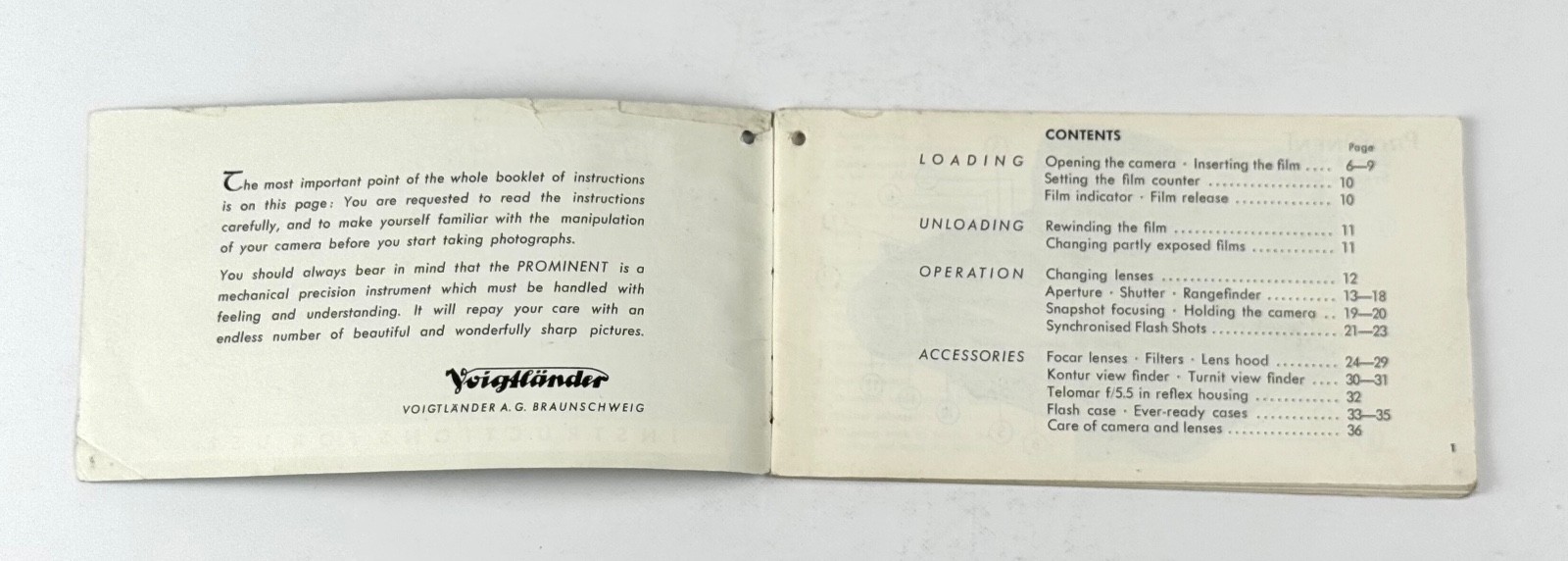 Voigtlander Prominent Camera INSTRUCTION MANUAL / USERS GUIDE