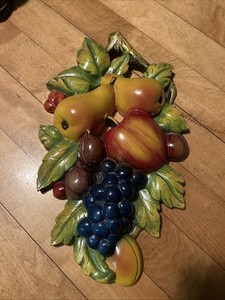 Vintage Chalkware Hanging Fruit Wall Plaque 