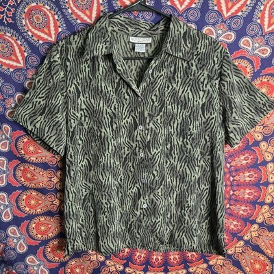 Notations Green Black Animal Print Collared Button-Up Short Sleeve Blouse L