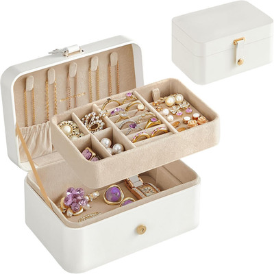 Travel Jewelry Organizer Box 2 Layer Case Necklace Ring Storage White