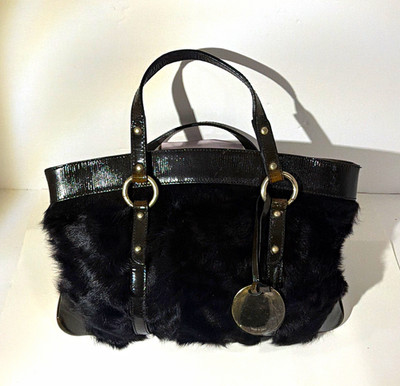 Emporio Armani Black Satchel Top Handle Bag Zip Fur Trim Logo Charm Gold