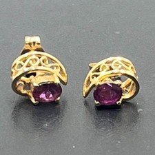 14k Solid Yellow Gold Genuine Oval Ruby Filigree Scroll Earrings Studs Precious