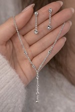 Elegant Crystal Rhinestone Y Necklace Drop Earrings Set Silver Tone Wedding