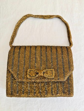 Vintage 1970s Gold Beaded Evening Bag Handbag Made in Korea Metallic Bow Flap