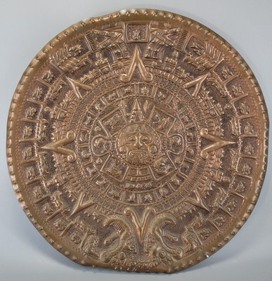 Vtg Copper Aztec Mayan / Maya Sun Calendar Wall Deco Plaque Signed Peña  16''