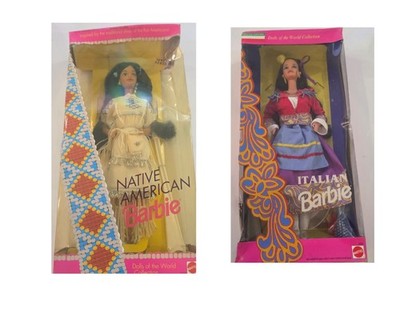 2pcs Vintage 1992 1993 Mattel Dolls of the World  Italian Barbie Native American