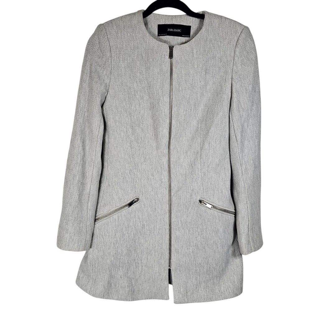 Zara Basic sGray Coat Herringbone Jacket Zip Up P… - image 3
