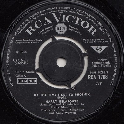 Harry Belafonte - By The Time I Get To Phoenix - Used Vinyl Record 7 - J5829z