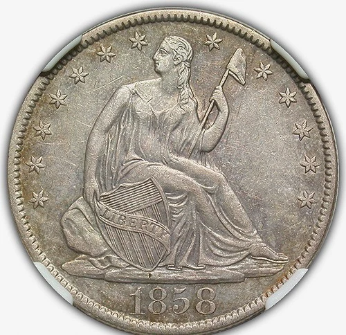 1858 O LIBERTY SEATED HALF DOLLAR NGC AU 50 NICE LIGHT COINSILVER GREY WITH