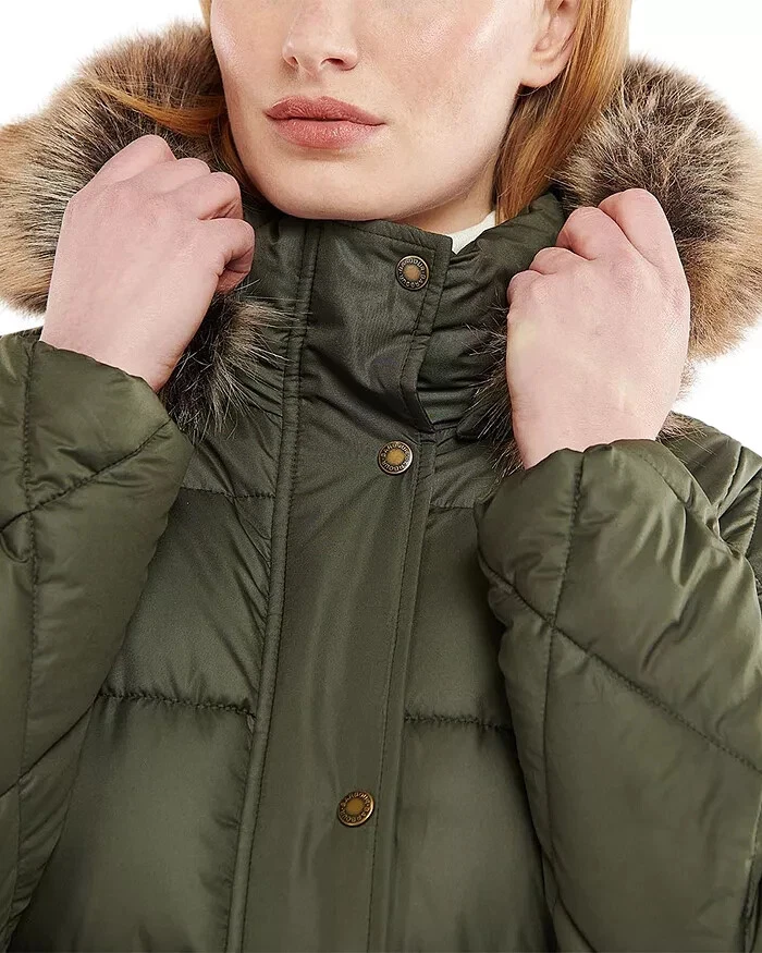 Barbour X2308 Womens Army Green Daffodil Faux Fur Trim Hooded Puffer Coat Size 6 - Image 2 of 4