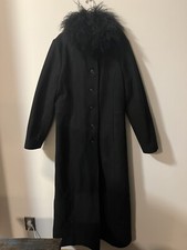*tall Vintage Black Wool Blend Long Maxi Coat Faux Fur Trim Collar Sz 12