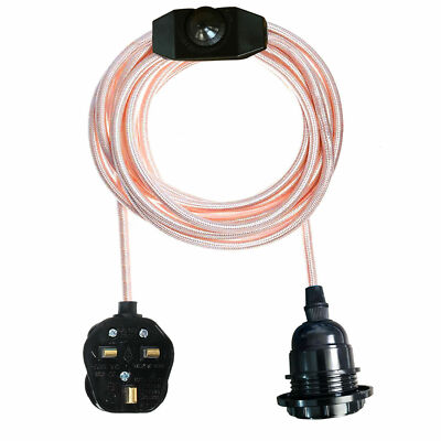 2 m Stoff Flex Kabel UK Stecker Pendelleuchte Leuchte Set E27 Birnenhalter + Schalter