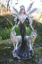 15536  FIGURINE FEE FAIRY ET SES  DEUX LOUPS  WOLF SEXY GOTHIQUE HEROIC FANTASY 