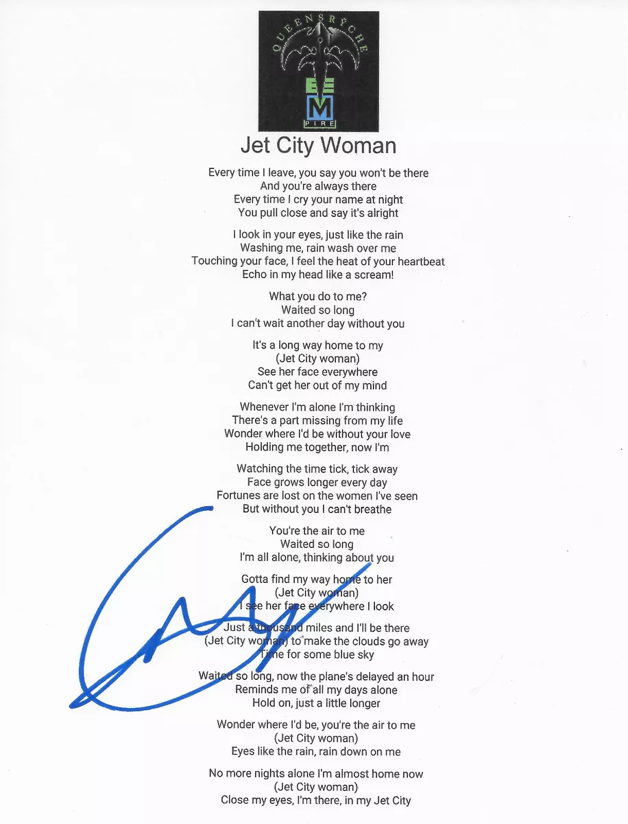 Geoff Tate signed Queesryche Jet City Woman Lyrics sheet COA proof