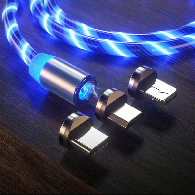 3-in-1 Magnetic LED Charging Cable - Type C, Micro USB & IOS Compatible (Blue)