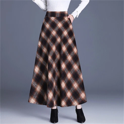 Women's Vintage High Waist Wool Blend Plaid A-Line Maxi Pleated Skirt - Picture 16 of 31