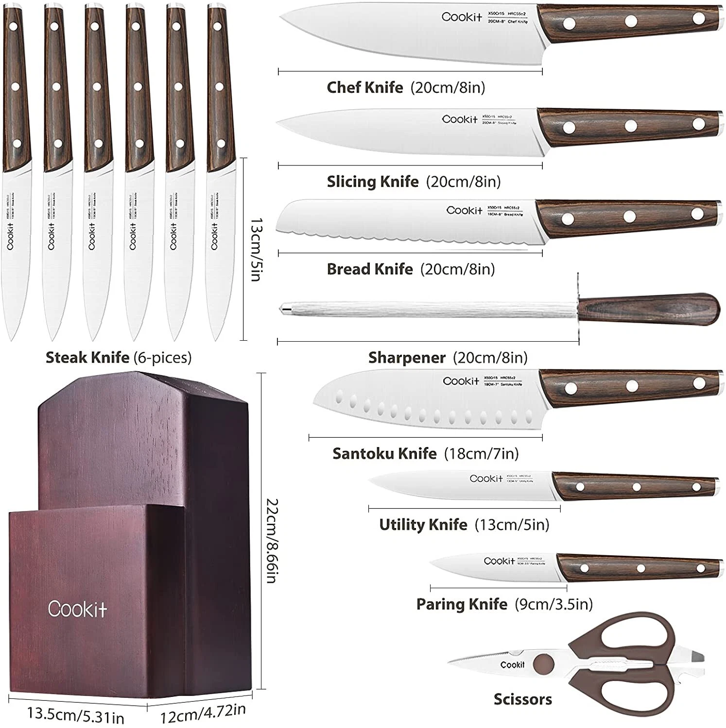 Kitchen Knife Sets, 15 Piece Knife Sets with Block for Kitchen Chef Knife Stainl