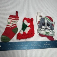3 Vtg. 5" mini Christmas Stockings 1 Giordano Sad Sam, 1 Crocheted, And 1 Tight