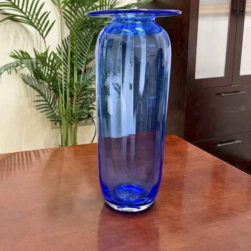 Blenko Don Shepherd Cobalt Blue Blown Glass Vase 13” Tall.
