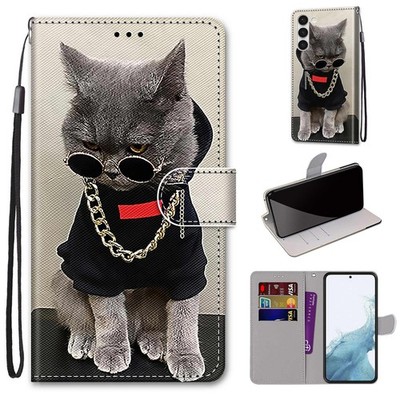 Cool Cat Wallet Case For Various Phone Hot Painted Pet Card Bag Flip Stand Cover
