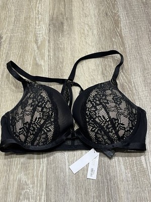 Ann Summers sexy gepolsterter Plunge-BH Spitze schwarz & nude vorne geschlossen Gr. 38D