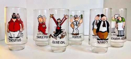 6 Vintage 1975 Popeye’s Coca-Cola Kollect-A-Set Glass Tumbler-Complete set 16oz