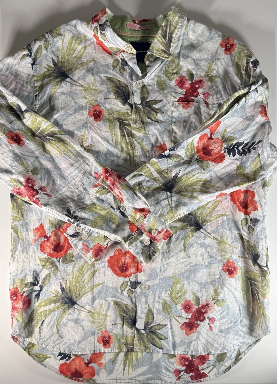 Tommy Bahama Linen Shirt Mens XL Floral Hawaiian Longe Sleeve Blue Pink Tropical