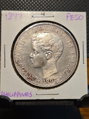 SILVER 1897 Philippines 1 Peso Silver World Coin. (1st year Of issue). #4
