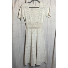 Vintage Style Cream Crochet Square Pattern Midi Boho Dress Button Short Sleeve S