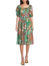 Vince Camuto Square Neck Short Puffed Sleeve Dress Tropical Print NWT