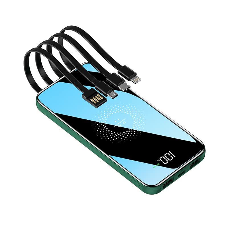Portable Charger 10000mAh LED Display 4 in 1 Power Bank Self Wired Power Supp...