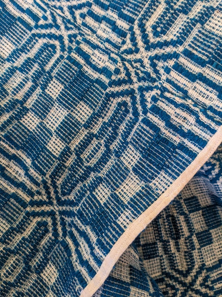 Antique American Turquoise Overshot Jacquard Coverlet Linen/Wool/177 Cm X 220 Cm - Image 4 of 4