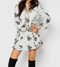 Free People Emma Mini Swing Dress size S Blue Gray Embroidered Long Sleeve Tunic