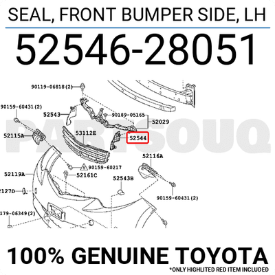 5254628051 Genuine Toyota SEAL, FRONT BUMPER SIDE, LH 52546-28051 