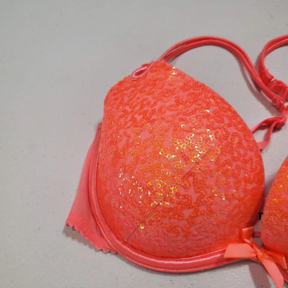 Victoria Secret Women Bra 32D Orange Plunge Lace Sequin Convertible Underwire - Image 3 of 4