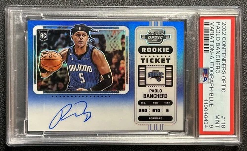 PAOLO BANCHERO PSA 9 2022 CONTENDERS OPTIC #118 ROOKIE BLUE PRIZM AUTO 16/49 RC