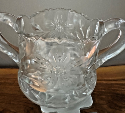 Vintage Clear Cut Etched Glass Crystal Open Sugar Bowl