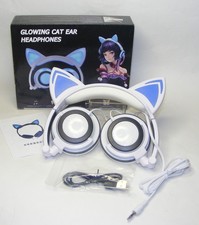 Chargeable cat head blue LED glowing cat ear headphones with 3.5mm plug, new