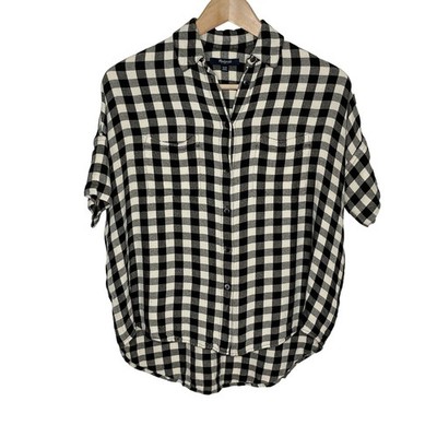 Madewell Womens Flannel Courier Shirt XXS Black Cream Check V Neck Short Sleeve